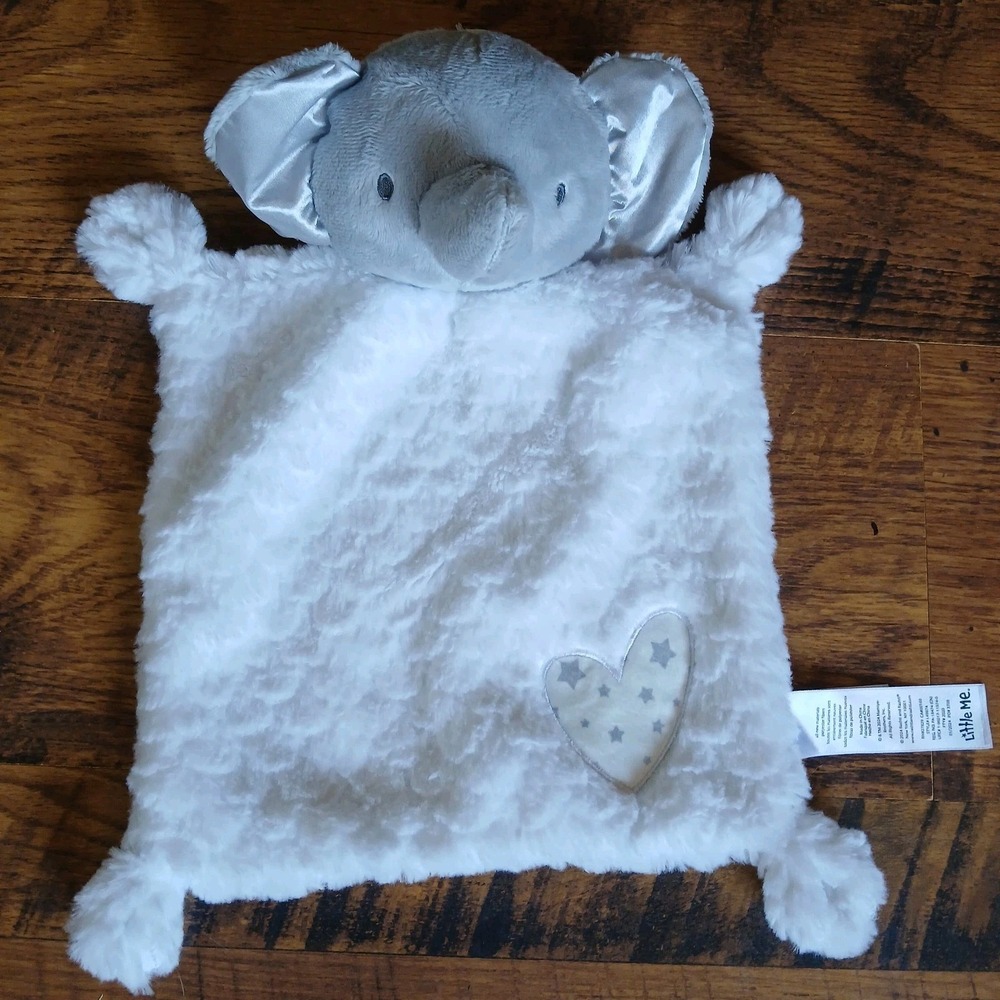 Little Me Gray Elephant White Minky Security Lovey Blanket Rattle Heart